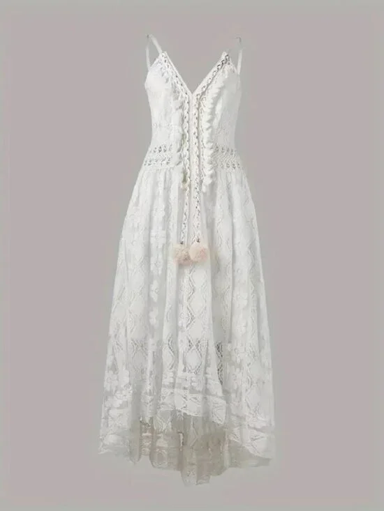 Women's Crochet Lace Maxi Dress Spaghetti Strap V Neck Cami Beach Boho Sundress - Picture 2 of 9